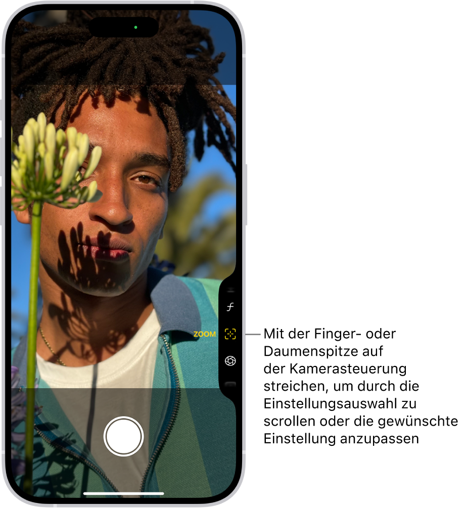 Das Menü „Kamerasteuerung“ ist in der App „Kamera“ geöffnet. Das Steuerelement „Zoomen“ ist ausgewählt.