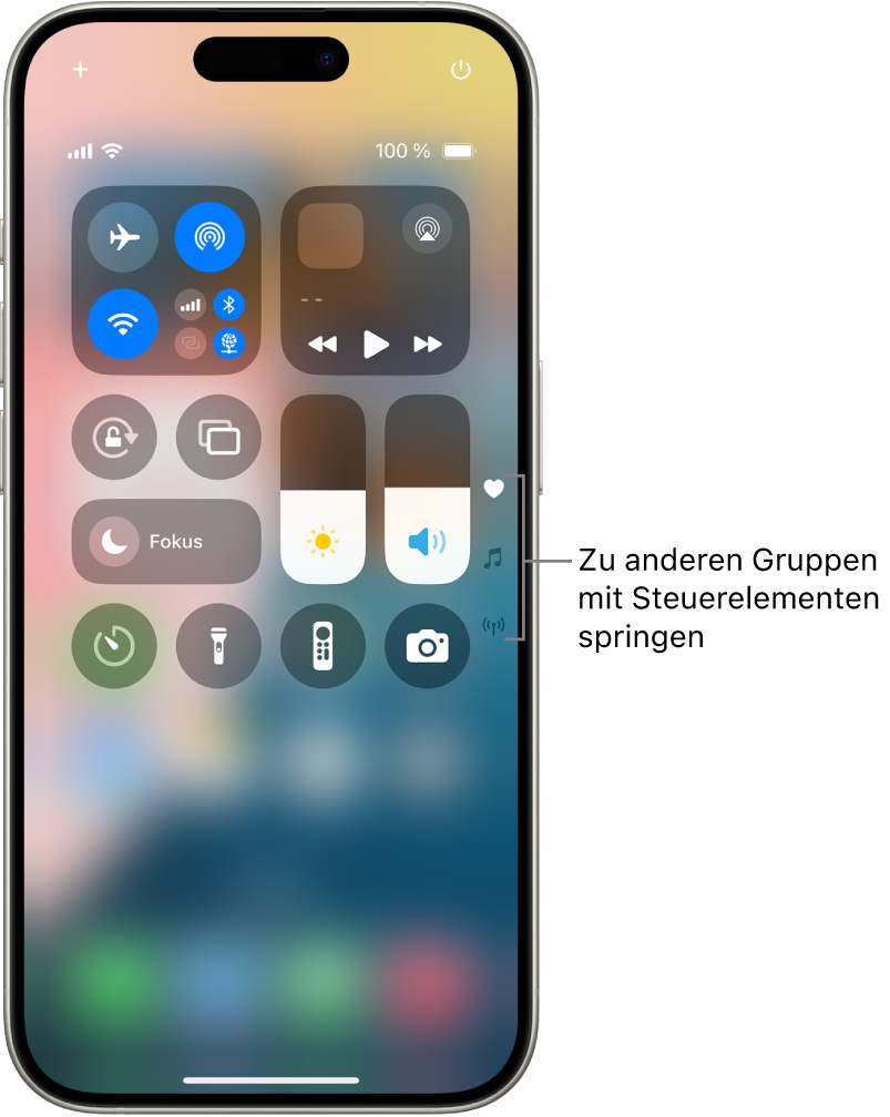 Das Kontrollzentrum wird auf dem iPhone-Bildschirm mit Symbolen auf der rechten Seite zum Anzeigen von anderen Gruppen mit Steuerelementen geöffnet.