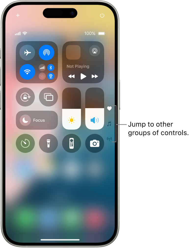 Control Center open on the iPhone screen, with icons on the right for viewing other groups of controls.