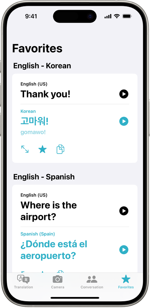 The Favorites tab, showing saved phrases translated from English to Korean and English to Spanish.