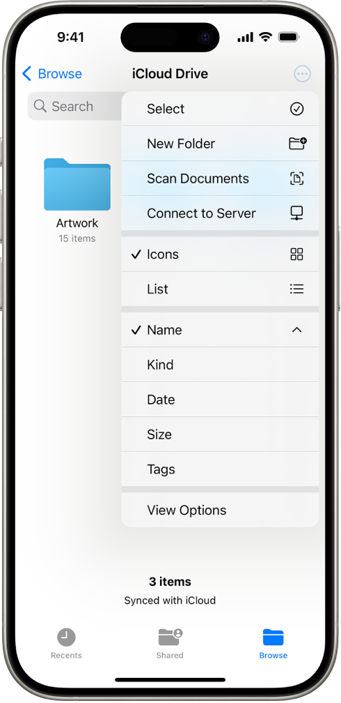 The Files app with the More button selected. In the visible menu are options for Select, New Folder, Scan Documents, and Connect to Server. Below that are options to view items on the screen as Icons or a List. At the bottom are sort options for Name, Kind, Date, Size, and Tags followed by View Options.