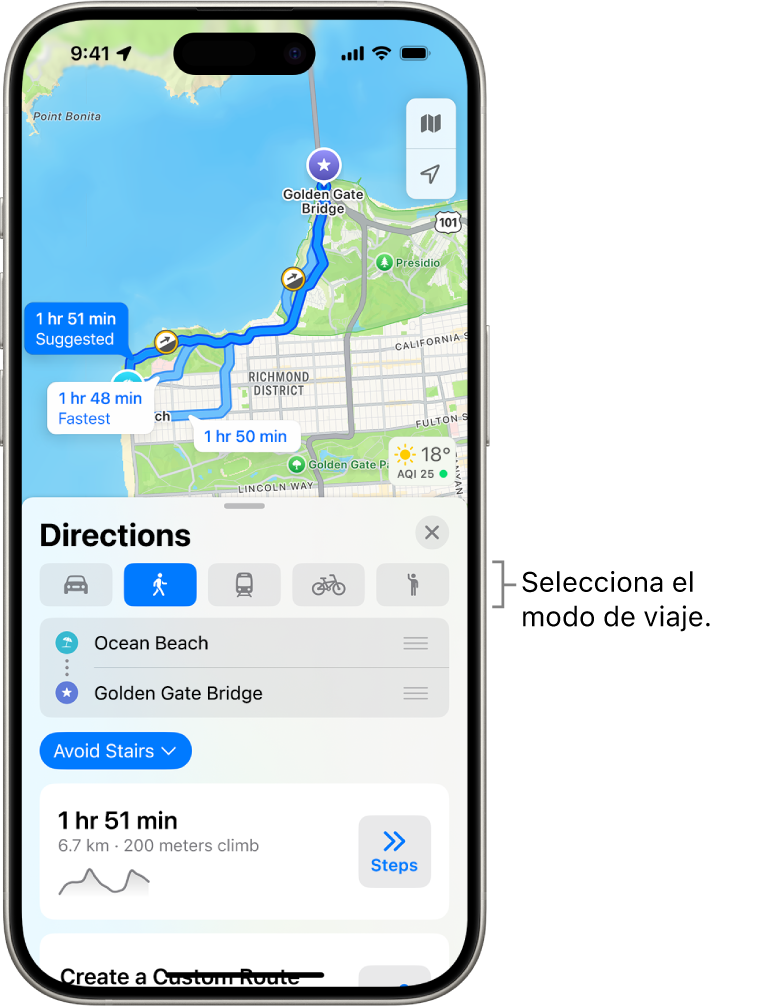 Un mapa que muestra varias opciones de ruta entre dos ubicaciones, con botones para elegir otros modos de viaje, intercambiar el punto de partida y el destino, y ver las direcciones como una serie de pasos.