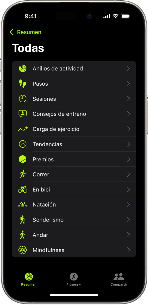 Pantalla de Fitness con una lista de categorías de ejercicios.