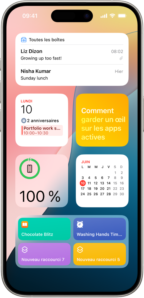 Des widgets apparaissant dans Affichage du jour, notamment les widgets Rappels, Photos, Batterie, Calendrier, Astuces et plus encore.