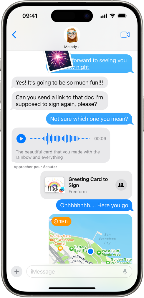 Une conversation Messages affichant des fonctionnalités d’iMessage.