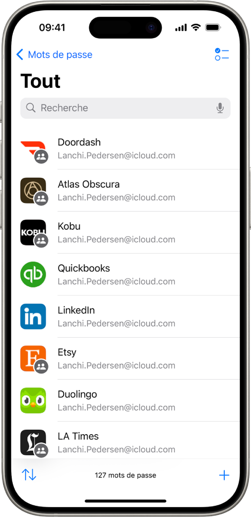 Une liste de tous les comptes possédant des mots de passe stockés dans l’app Mots de passe.