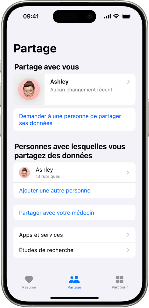 L’écran Partage de l’app Santé.