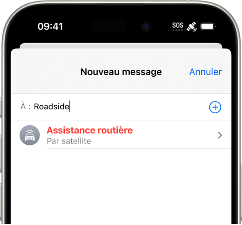 Un nouveau message adressé à « assistance ». En dessous se trouve un lien vers Assistance routière par satellite.