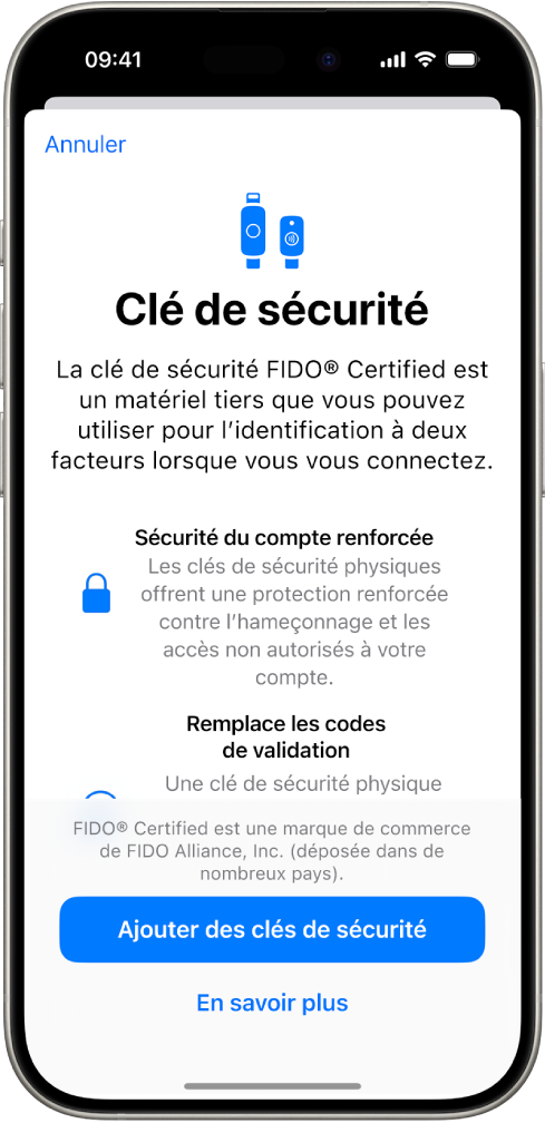 L’écran d’accueil de Clés de sécurité. Vers le bas de l’écran se trouve le bouton Ajouter des clés de sécurité et un lien En savoir plus. Au-dessus de ces éléments se trouve un texte explicatif sur l’intérêt d’utiliser des clés de sécurité.