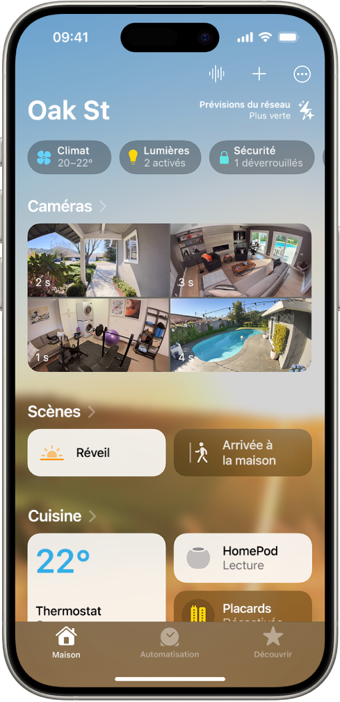 L’écran « Mon domicile » de l’app Maison.