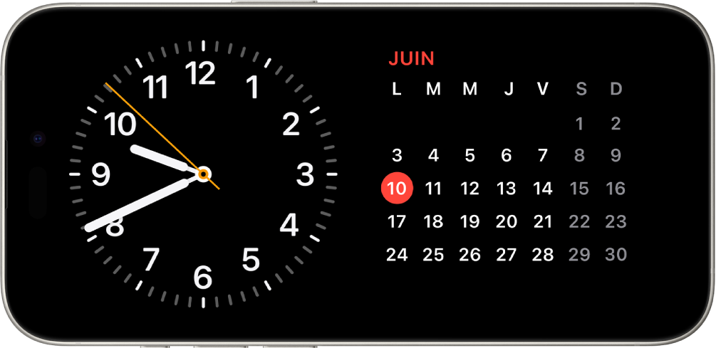 Un iPhone placé à l’horizontale. Le côté gauche de l’écran affiche une horloge et le côté droit de l’écran affiche la date.