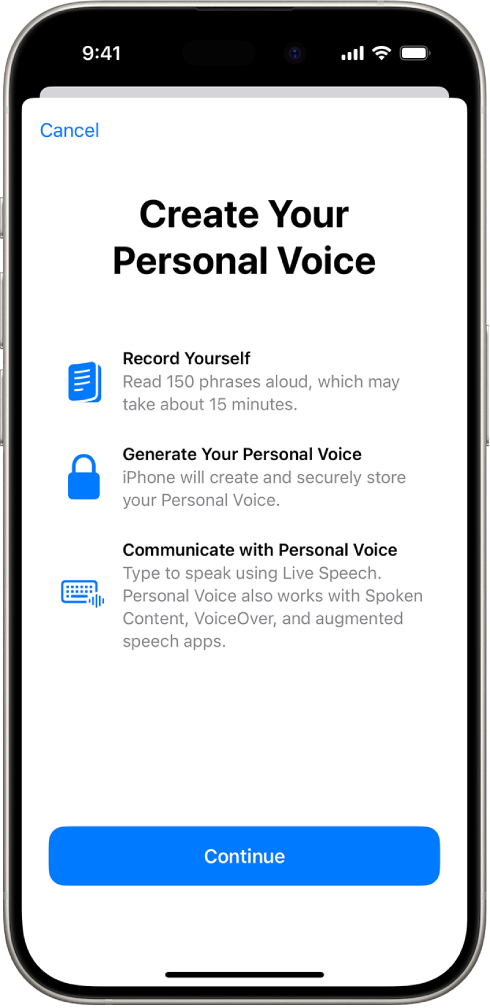 iPhone dengan informasi mengenai cara membuat suara personal.