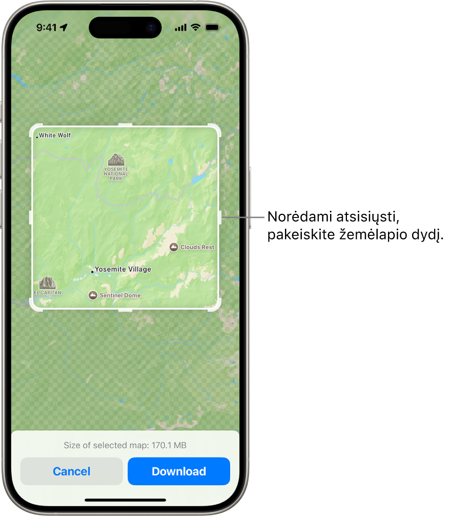 Nacionalinio parko žemėlapis. Parkas įrėmintas stačiakampiu su rankenėlėmis, kurias pajudinus galima keisti atsisiunčiamo žemėlapio dydį. Pasirinkto žemėlapio atsisiuntimo dydis rodomas šalia žemėlapio apačios. Mygtukai „Atšaukti“ ir „Atsisiųsti“ yra ekrano apačioje.
