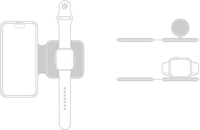 ဘယ်ဘက်မှ သရုပ်ပြပုံသည် MagSafe Duo Charger ၏ အားသွင်းမျက်နှာပြင်များပေါ်တွင် iPhone နှင့် Apple Watch တို့ကို ပက်လက်တင်ထားပုံကို ပြသထားသည်။ ညာဘက်အပေါ်ဆုံးမှ သရုပ်ပြပုံသည် Apple Watch အားသွင်းမျက်နှာပြင်မြှင့်ထားပုံကိုပြသထားသည်။ အောက်ဘက်မှ သရုပ်ပြပုံသည် မြှင့်တင်ထားသော အားသွင်းမျက်နှာပြင်တွင် Apple Watch တင်ထားပုံကို ပြသထားသည်။