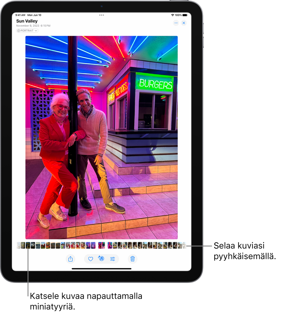 Kuvat-apissa näkyy kuva koko näytön tilassa. Näytön alareunassa näytetään kirjaston muiden kuvien miniatyyrit.