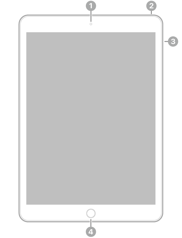 La vue de face de l’iPad, avec des légendes liées à l’appareil photo avant en haut au centre, au bouton supérieur en haut à droite, aux boutons de volume à droite et au bouton principal/capteur Touch ID en bas au centre.
