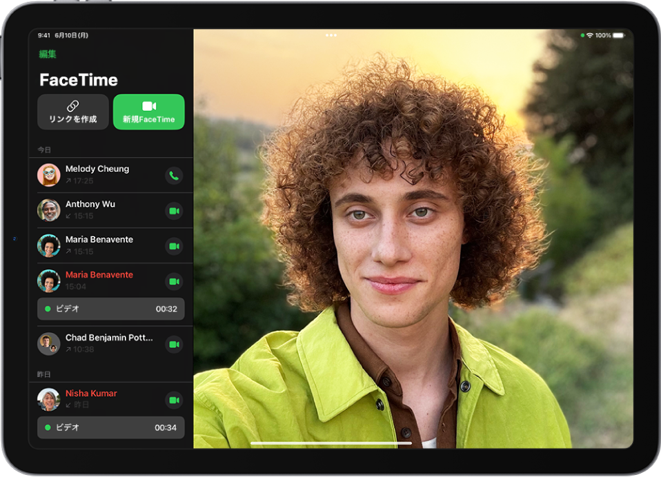 FaceTime通話を開始する画面。FaceTime通話を開始するための「新規FaceTime」ボタンが表示されています。