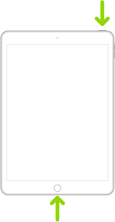 ホームボタンのあるiPad。矢印はホームボタンとトップボタンを指しています。