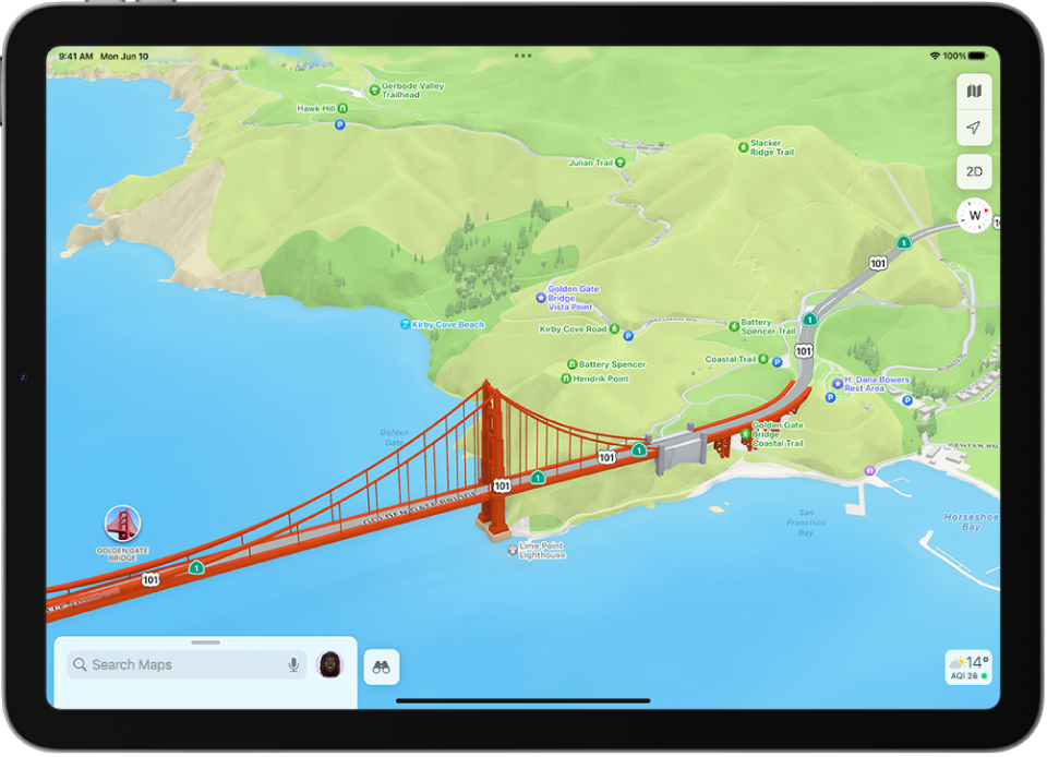 Um mapa de parque em 3D mostrando uma ponte e um parque.