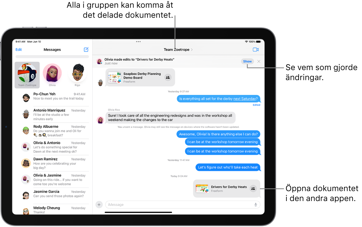 En gruppkonversation i Meddelanden, inklusive en samarbetsinbjudan och uppdateringar högst upp i konversationsfönstret.