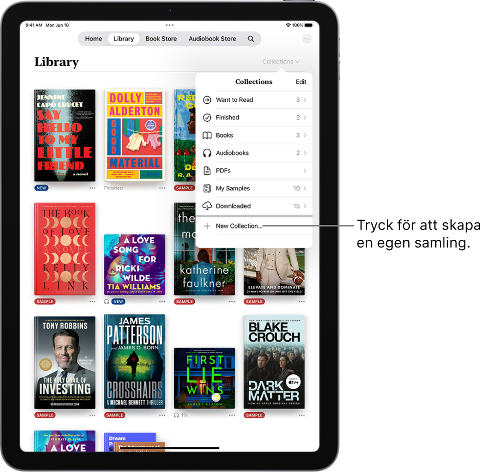 Bibliotek-skärmen i appen Böcker. Överst på skärmen är menyn Samlingar öppen och visar alternativ som Ljudböcker och PDF-filer.