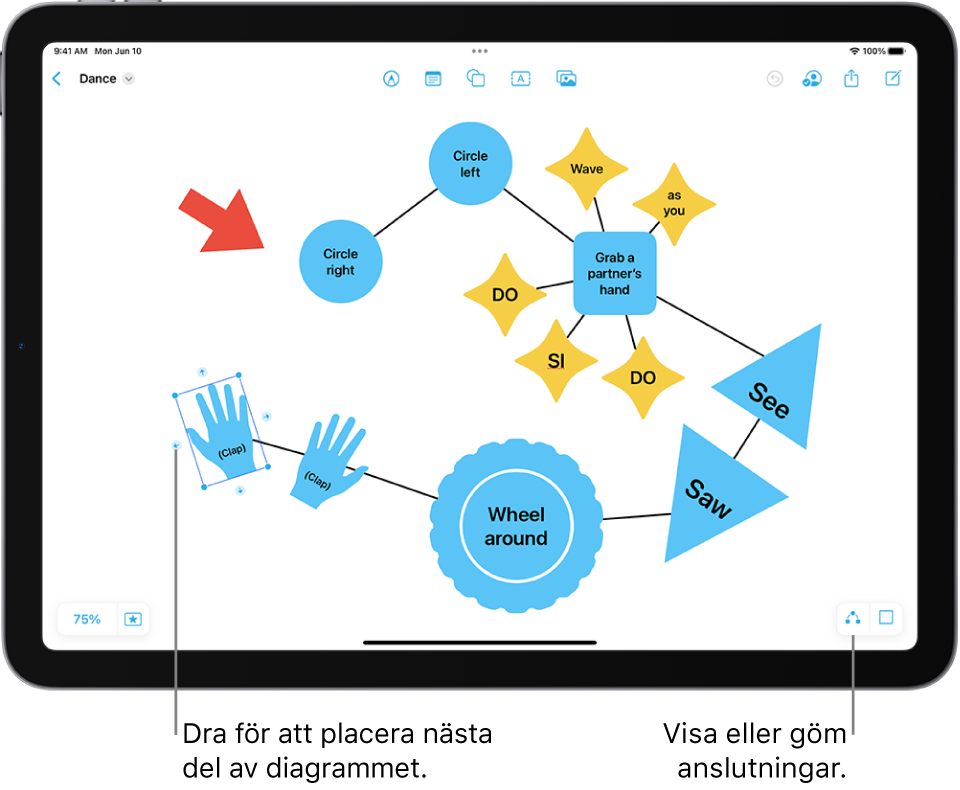 Ett diagram på en Freeform-tavla med anslutningar med en markerad form och formformateringsverktygen synliga ovanför det.