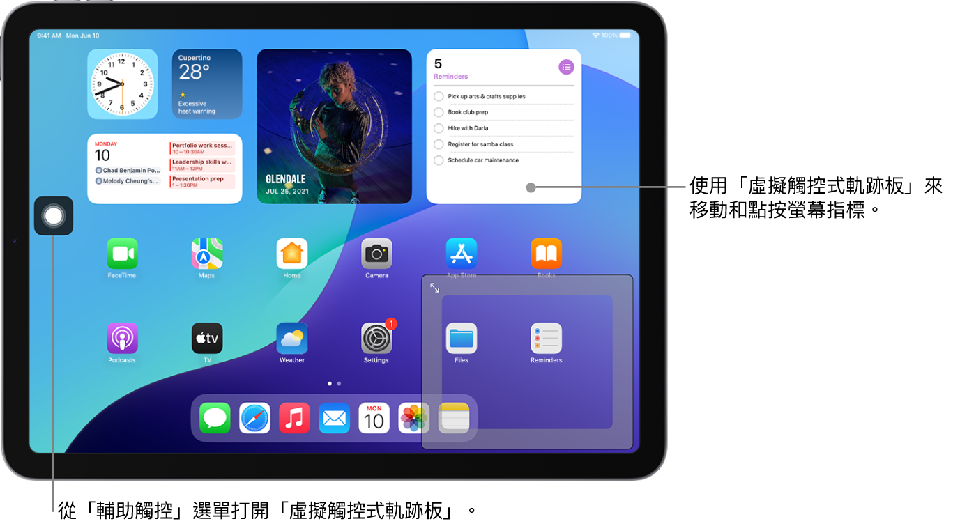 一部 iPad 的螢幕角落顯示虛擬觸控式軌跡板。螢幕上還顯示「輔助觸控」選單（用來打開觸控式軌跡板）和指標（透過觸控式軌跡板控制）。