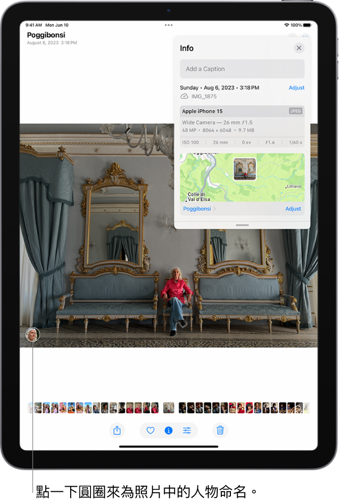 iPad 螢幕顯示一張照片在「照片」App 中打開。照片左下角為出現在照片中人物的已命名縮覽圖。