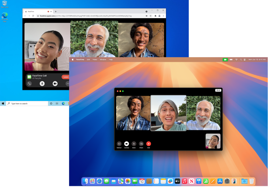 Un MacBook Pro con una llamada de FaceTime en grupo activa. Detrás, se ve un PC donde hay en marcha una llamada de FaceTime en grupo de internet.