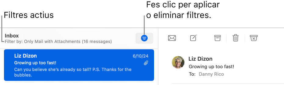 Finestra del Mail que mostra la barra d’eines sobre la llista de missatges, en què Mail indica quins filtres s’han aplicat, com ara “Només amb adjunts”.