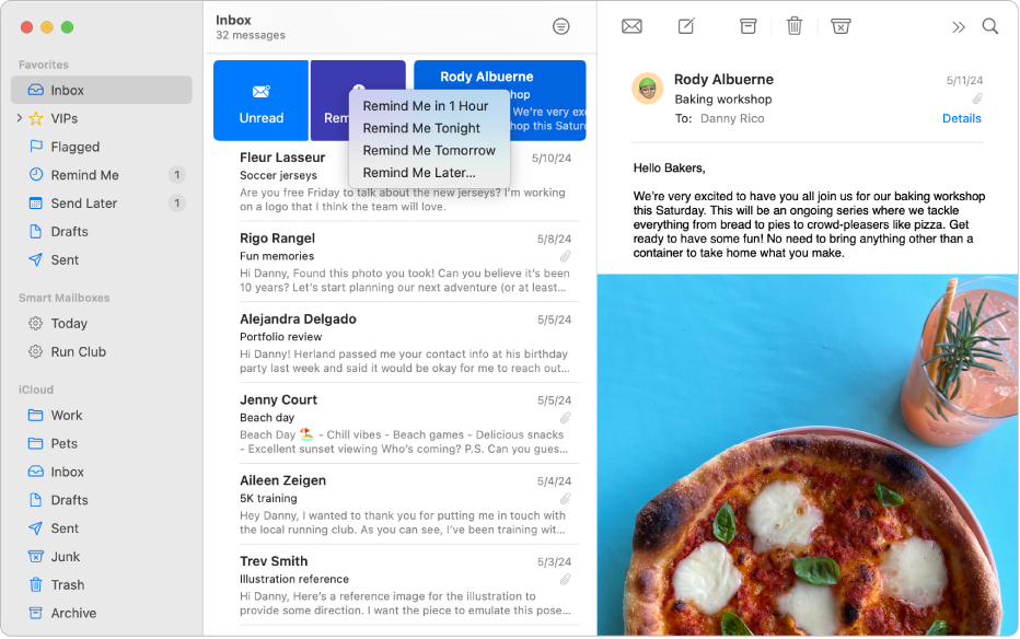 A Mail window showing various Remind Me options.