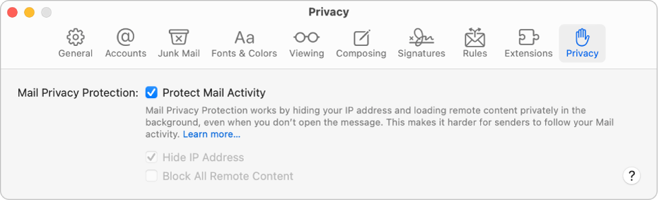The Privacy pane in Mail Settings.