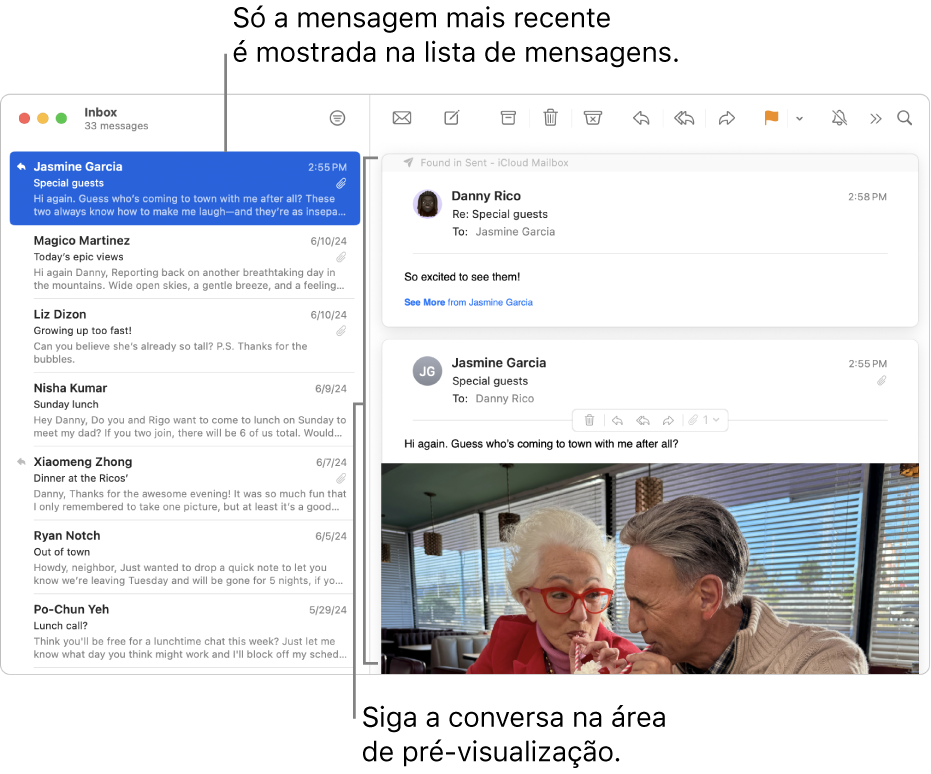 Apenas a mensagem mais recente de uma conversa é apresentada na lista de mensagens. O número na mensagem que se encontra no topo indica quantas mensagens da conversa estão na caixa de correio atual. Siga a conversa na área de pré-visualização.