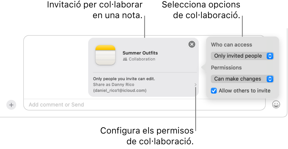 Primer pla del camp de missatge de text a la part inferior de la conversa de l’app Missatges. Hi ha una invitació per col·laborar en una nota. Pots fer clic al costat dret de la invitació per configurar els permisos de col·laboració.