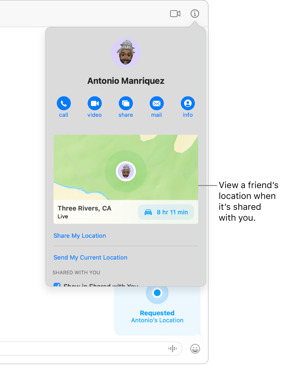 Info view, which appears after you click the Info button in a conversation, showing the icon of a person who shared their location with you and a map and address of their location.