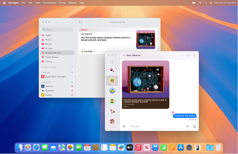 The Mac desktop with two windows open: the Apple TV app window on the left, showing a TV show in the Shared with You section of the library, and the Messages window with the same TV show shared in a conversation.