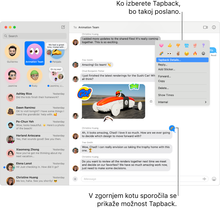 V zgornjem kotu sporočila je prikazan odziv Tapback z emojijem, ki označuje vaš odgovor na sporočilo. V meniju je prikazan nabor možnosti za odziv Tapback. Možnosti vključujejo običajne odzive Tapback (srce, palec gor, palec dol, haha, klicaji in vprašaj) ter odzive Tapback z emojiji.