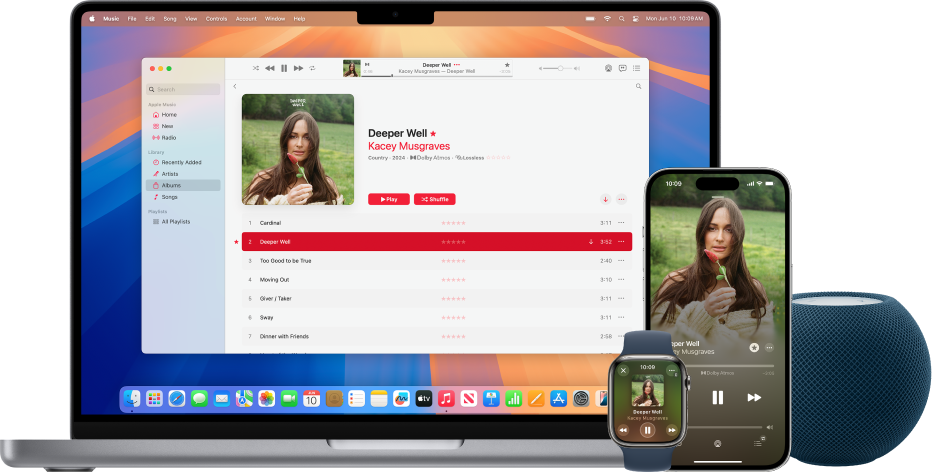 Ein Musiktitel, der auf einem Mac, einem iPhone, einer Apple Watch und einem HomePod abgespielt wird.