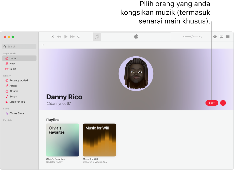 Halaman profil dalam Apple Music: di sebelah kanan tetingkap, klik Edit untuk memilih orang yang boleh mengikuti anda. Di sebelah kanan Edit, klik butang Lagi untuk berkongsi muzik anda.