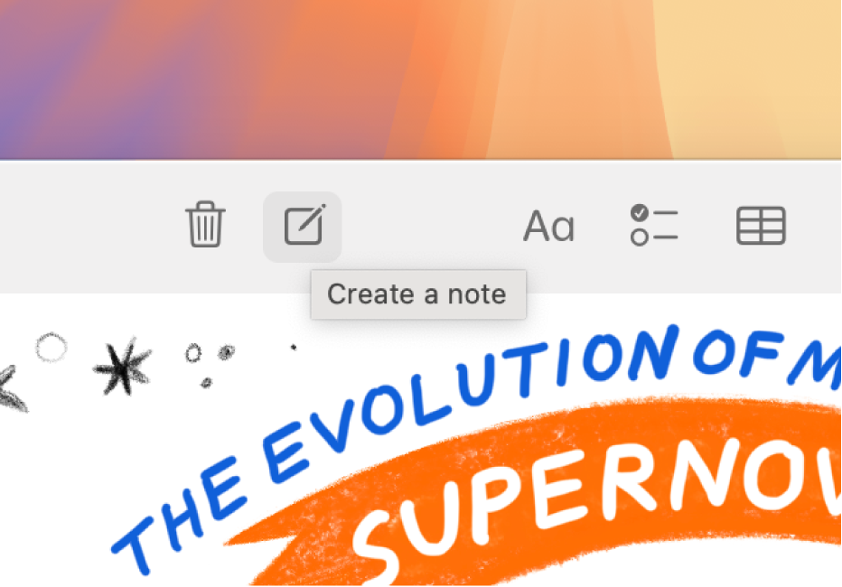 A cropped Notes app window on Mac showing a note and the “Create a note” button in the Notes toolbar.