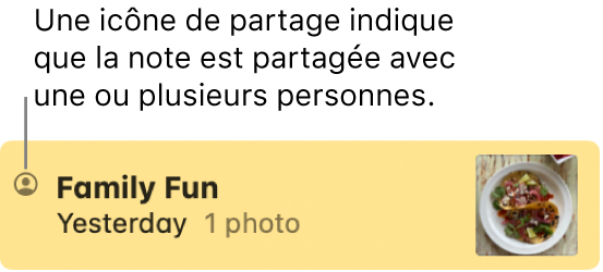 Une note partagée avec d’autres personnes, avec l’icône de partage à gauche du nom de la note.