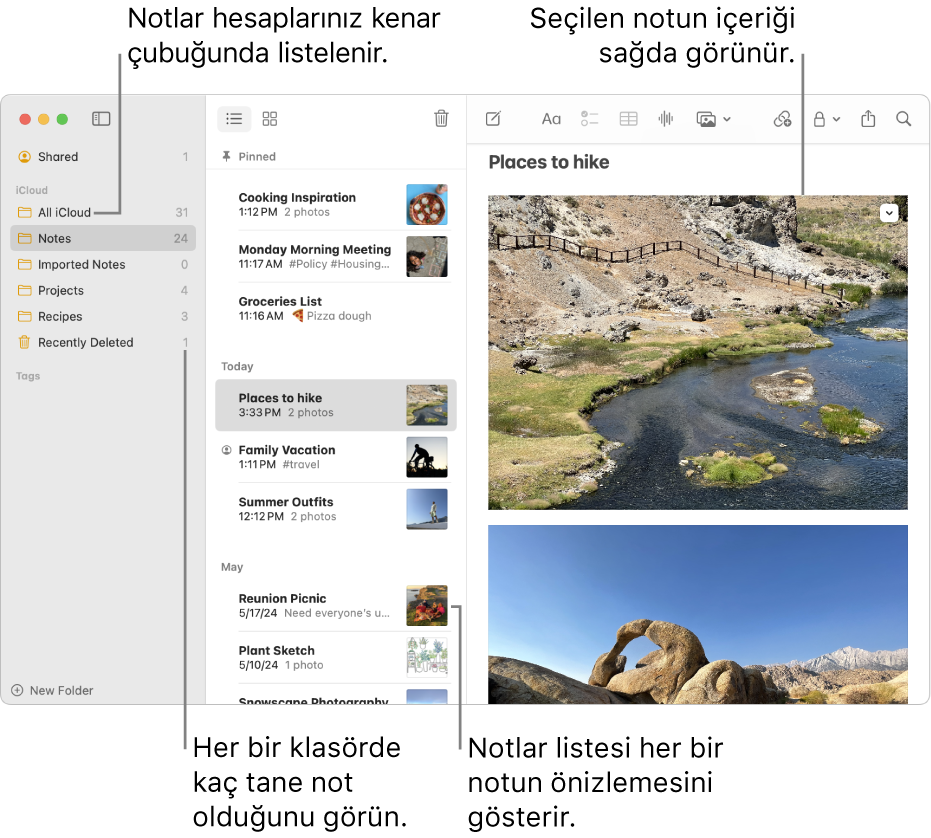 Mac’te bir Notlar uygulaması penceresinde, soldaki kenar çubuğunda tüm ayarlanmış hesaplarınızın ve klasörlerinizin listesi, ortada her notun önizlemesini gösteren not listesi ve sağda seçilen notun içeriği görünüyor. Notların sayısı her bir klasörün yanında görünür.