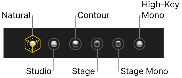 Portrait mode lighting effect choices, including (from left to right) Natural, Studio, Contour, Stage, Stage Mono and High-Key Mono.