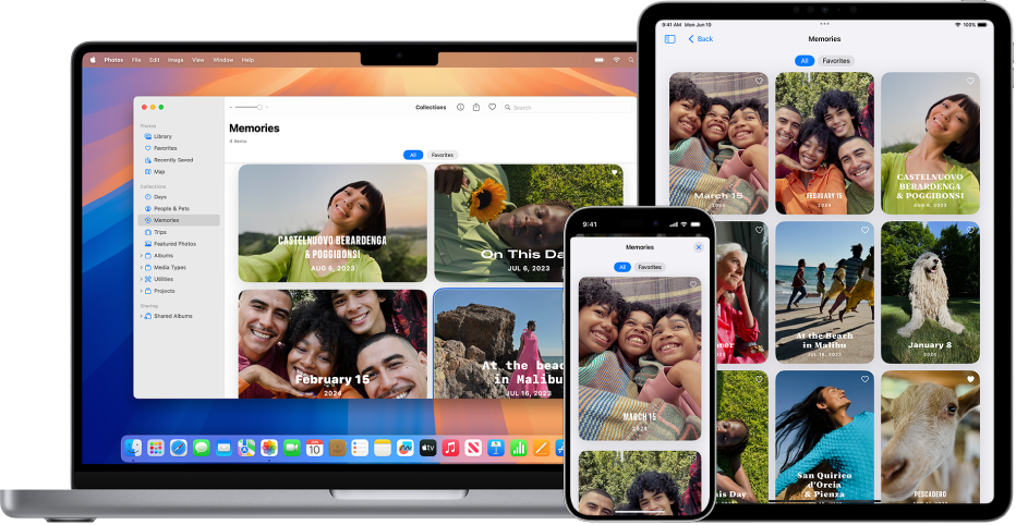 An iPhone, MacBook, and iPad all showing memories from the same photo library.