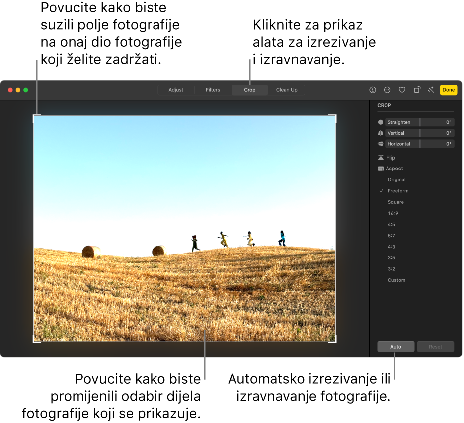 Fotografija u prikazu za uređivanje, odabrana je opcija Izreži u alatnoj traci, pravokutnik odabira nalazi se oko fotografije i kliznici za poravnanje, opcije formata slike i tipke Automatski i Resetiraj s desne strane.