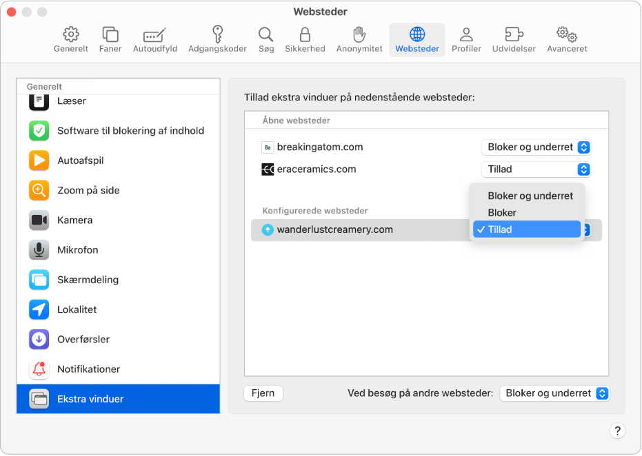 Muligheden Ekstra vinduer i indstillingerne til Safari, hvor Tillad er valgt for et konfigureret websted.