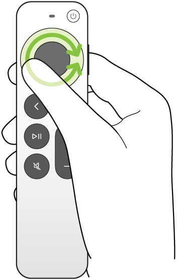 Illustration showing circling the clickpad ring of the remote (2nd generation or later) to scrub video backwards or forwards.