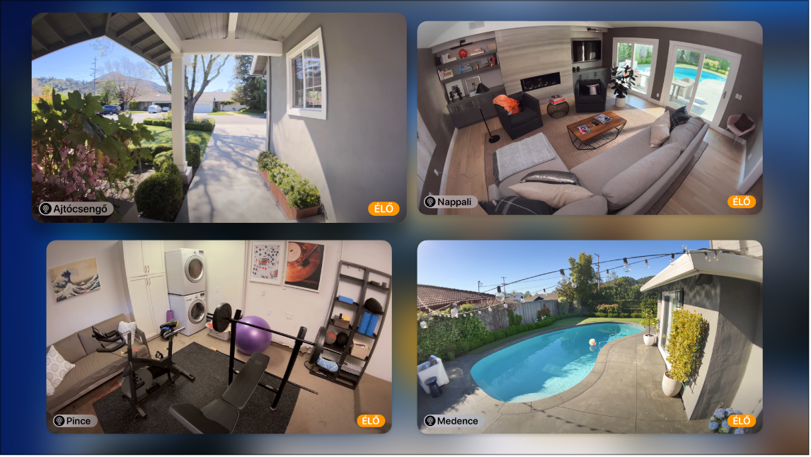 Az Apple TV képernyője, amelyen több kamera képe látható a HomeKit nézetben.