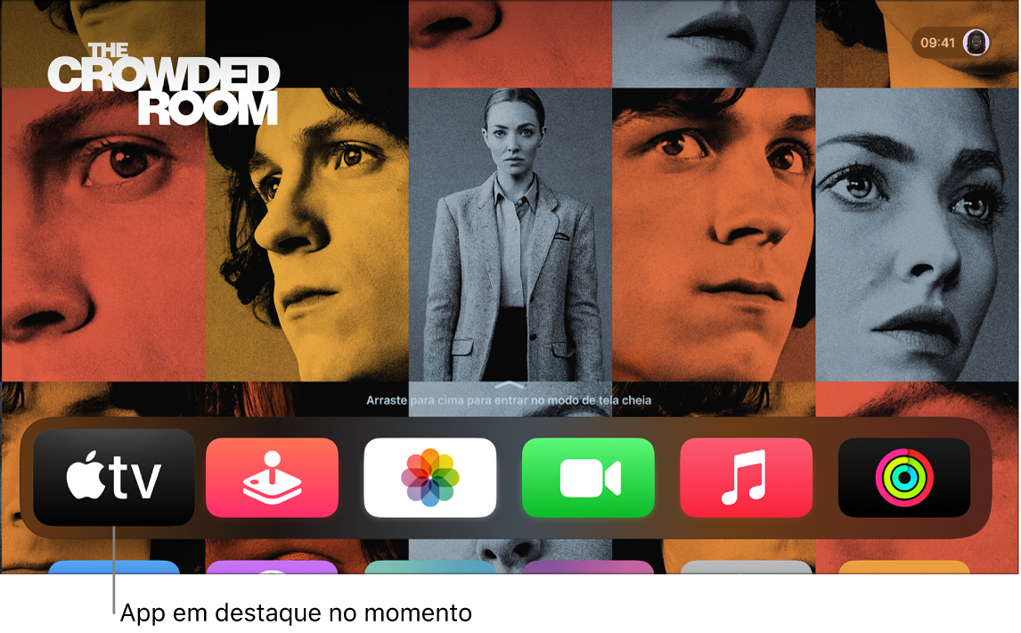 A Tela de Início da Apple TV com o app Apple TV destacado