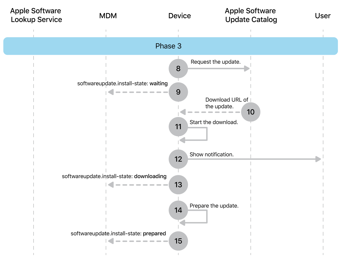 Phase 3 showing steps 8 through 16 of Apple software update enforcement.